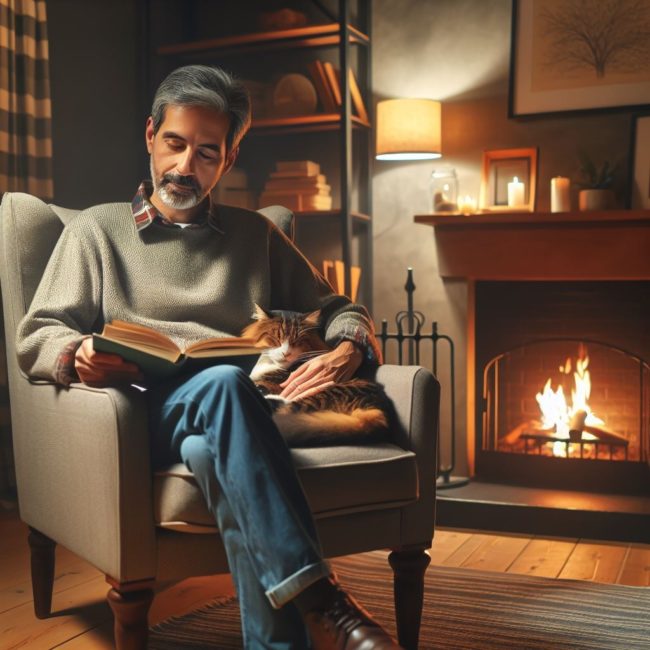 homme lisant chat cheminée