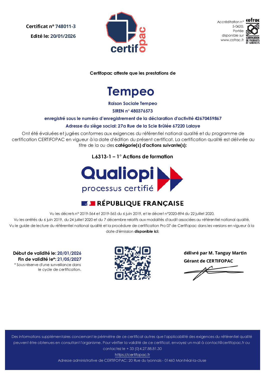 Certificat Qualiopi - Mise à jour le 20.01.2026 Certificat Qualiopi - Mise à jour le 20.01.2026