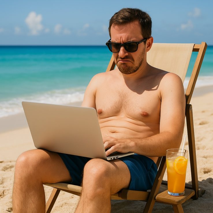 Homme PC sur la plage
